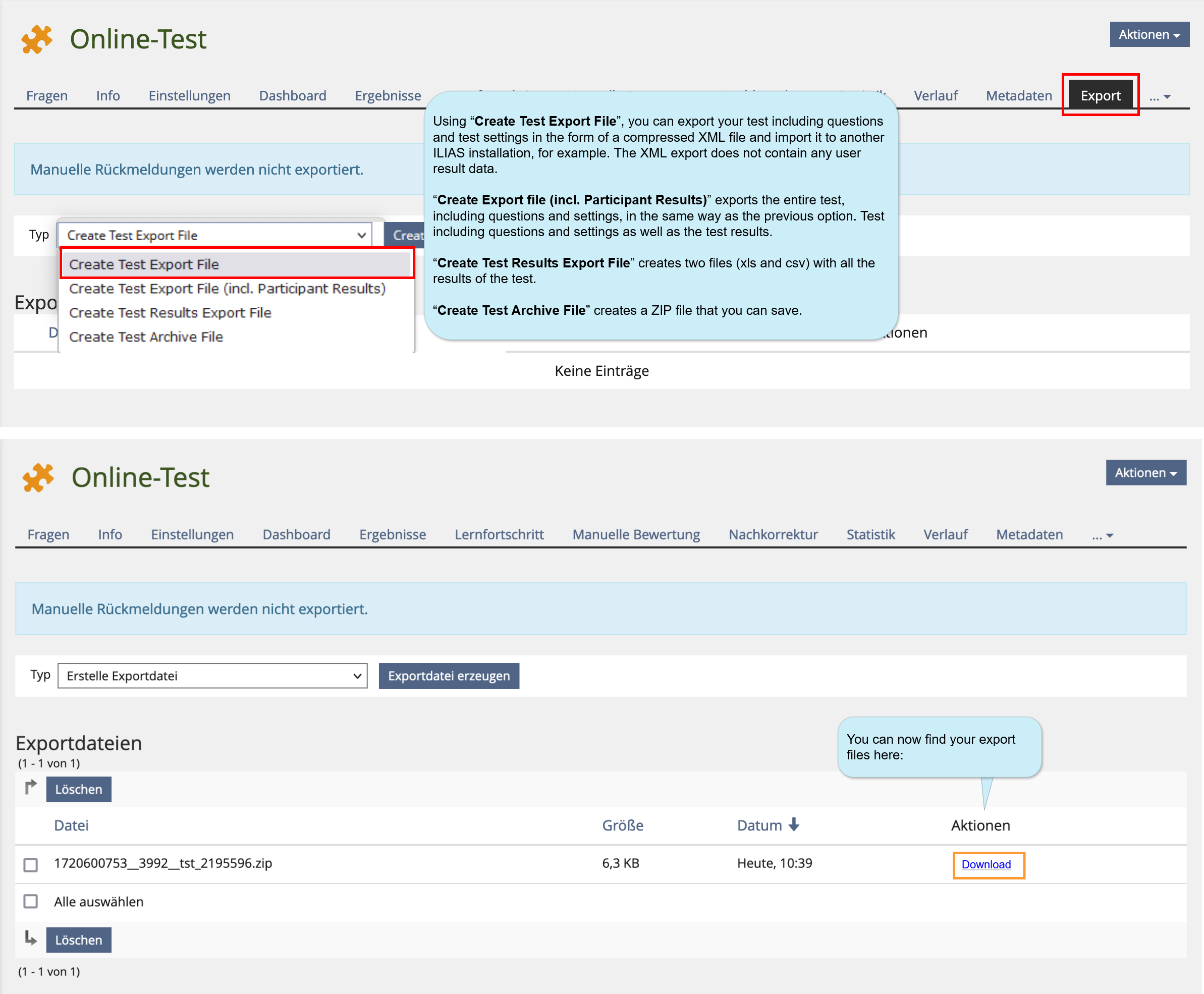 drawio: ILIAS_Online_Test_Testergebnisse_exportieren_Eng