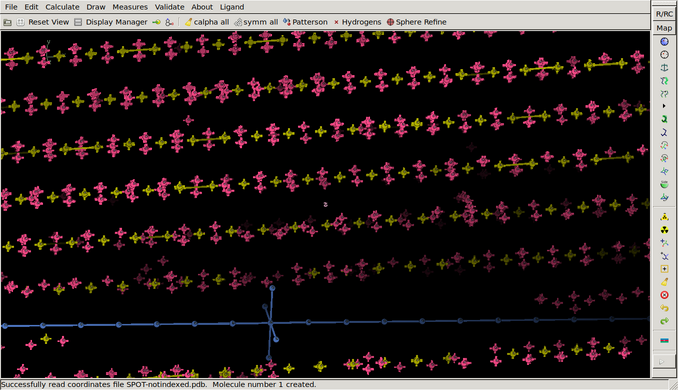 view at reciprocal lattice of data from PDB 2WNQ obtained through ￼￼https://zenodo.org/records/54568￼￼ using spot2pdb and coot through XDSGUI